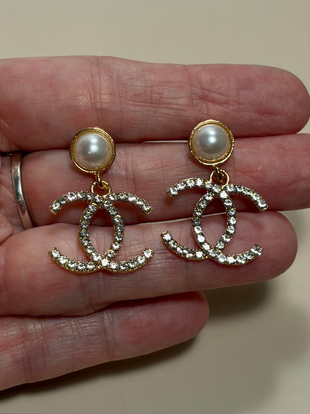 Gold Pearl & Crystal Interlocking Monogram Drop Earrings
